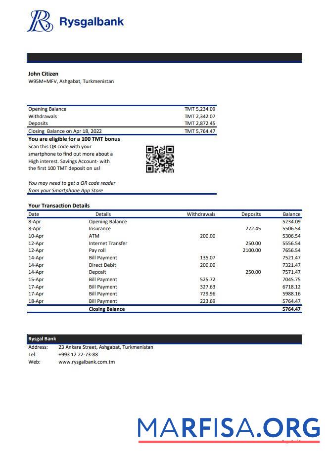 Blank Turkmenistan Rysgal bank statement excel download for verification